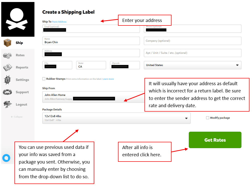 Create return label step 1